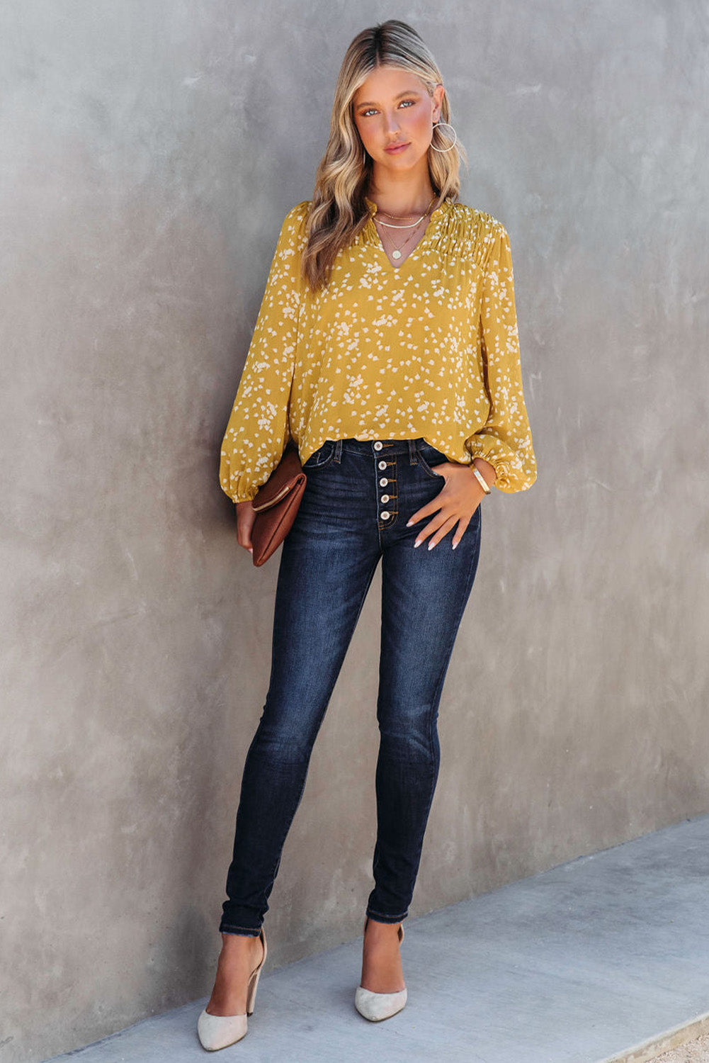 Frill Split V Neck Boho Crinkled Blouse
