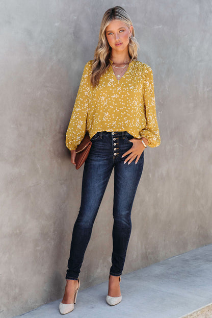 Frill Split V Neck Boho Crinkled Blouse