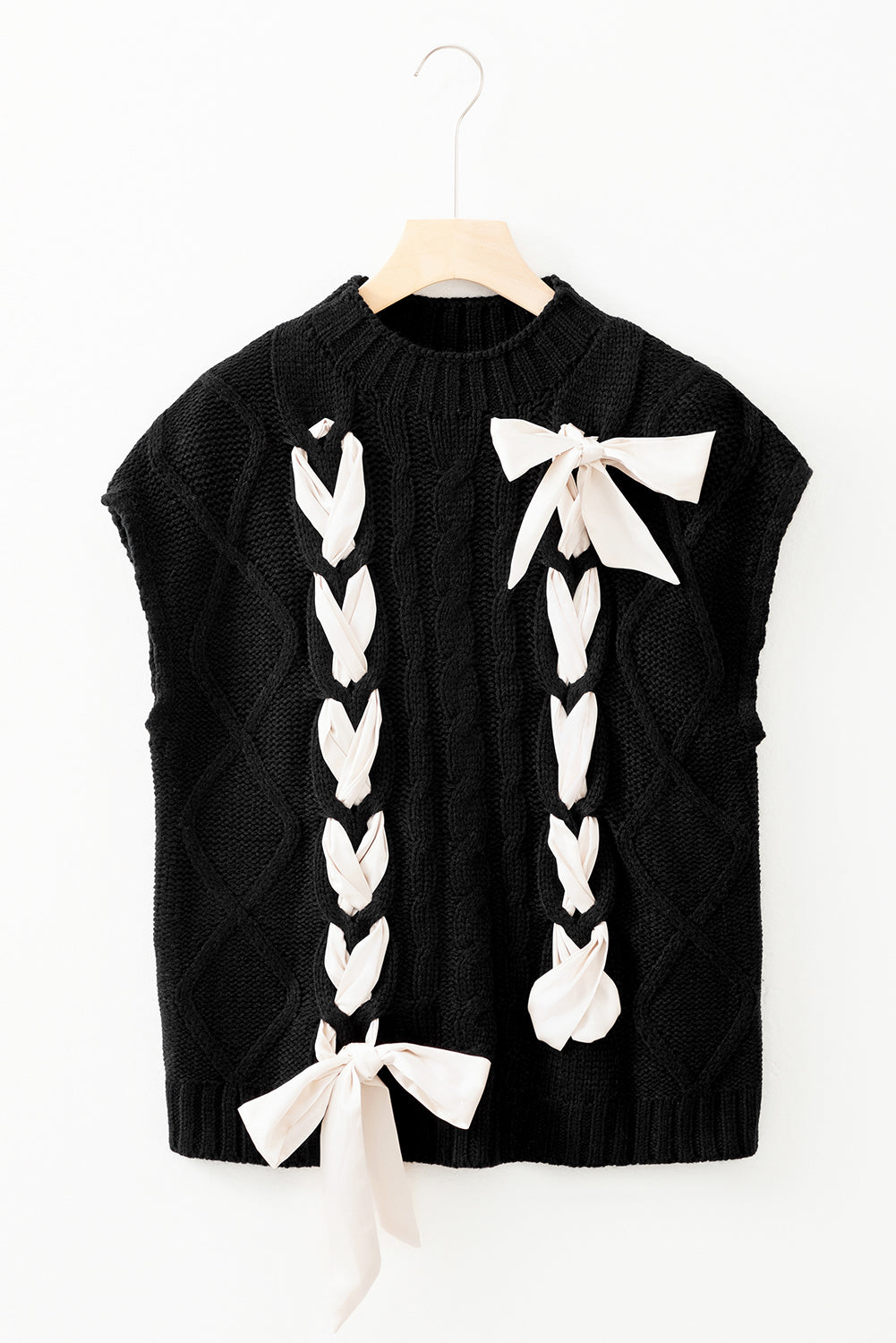 Bailey Black Cable Knit Colorblock Satin Bowknot