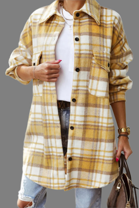 Yellow Plaid Flap Pocket Long Sleeve Shacket