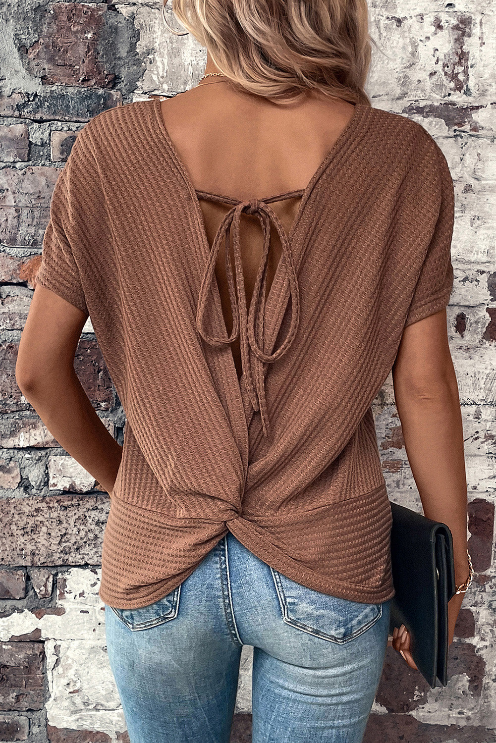 Casual Drawstring Twisted Back Waffle Top