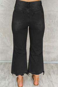 Black Distressed Hollow-out High Waist Cropped Flare Jeans