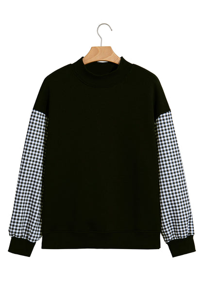 Russet Orange Plaid Sleeve Colorblock Loose Tunic Sweatshirt