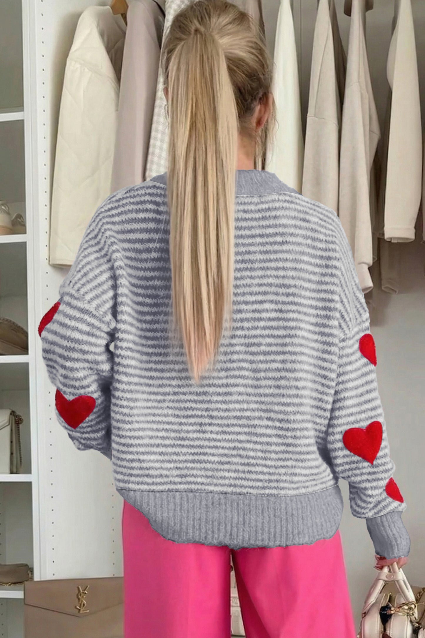 Gray Stripe Heart Valentine Knit Sweater