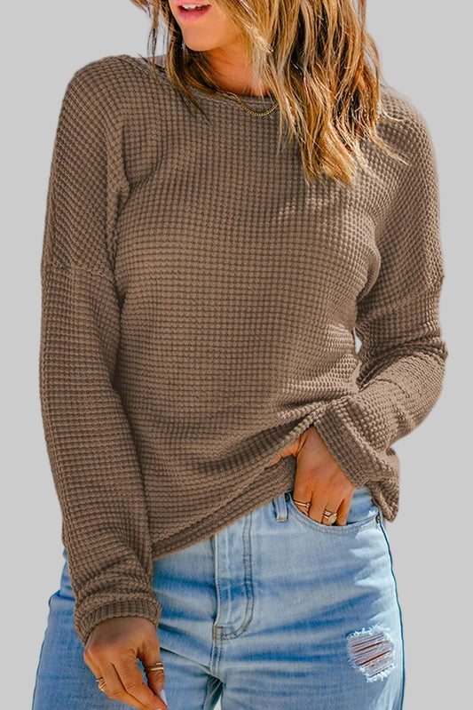 Waffle Knit Drop Shoulder Long Sleeve Top