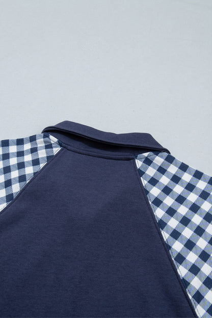 Racing Red Patchwork Plaid Pocket Quarter Zip Sweatshirt