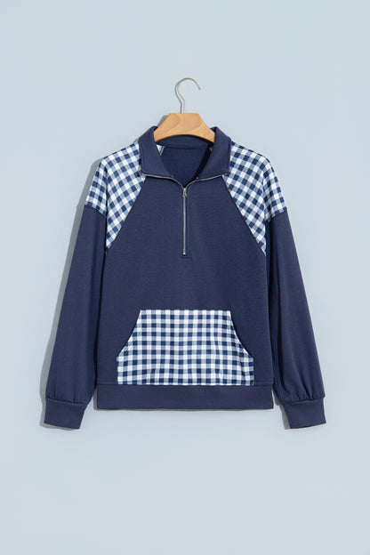 Racing Red Patchwork Plaid Pocket Quarter Zip Sweatshirt