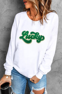 White Shiny Trim Chenille Lucky Letter Graphic Sweatshirt