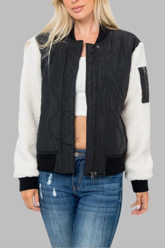 Onion Quilted Bomber With Sherpa Sleeves