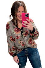 Load image into Gallery viewer, Gray Floral Long Sleeve Plus Size Henley Top