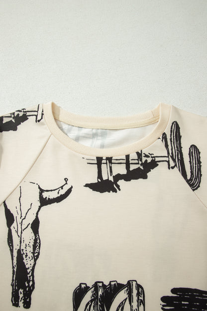 Beige Retro Western Print T Shirt