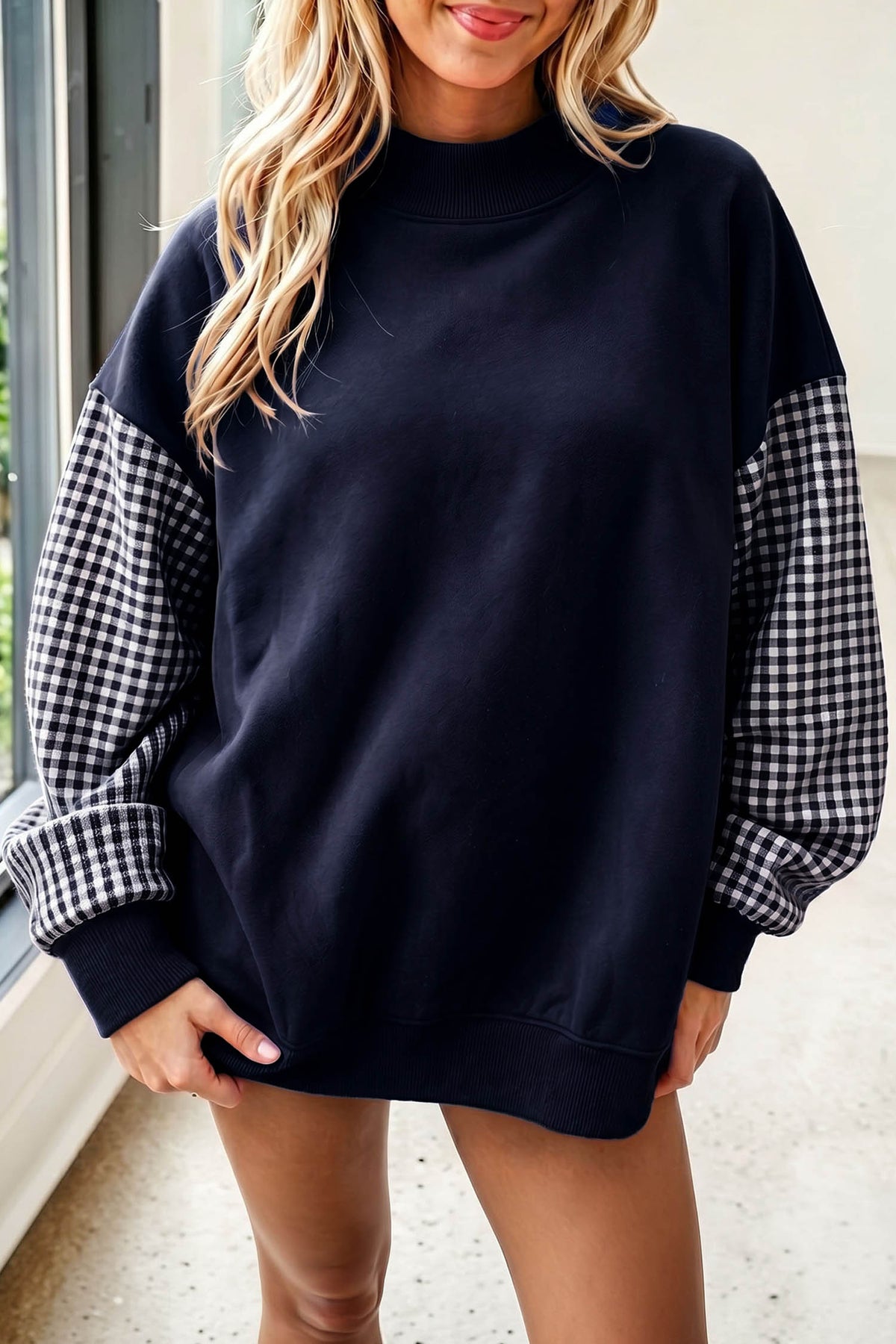 Russet Orange Plaid Sleeve Colorblock Loose Tunic Sweatshirt