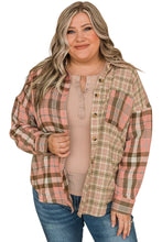 Load image into Gallery viewer, Pink Plaid Plus Size Color Block Long Sleeve Shirt with Pocket