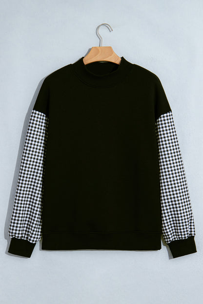 Russet Orange Plaid Sleeve Colorblock Loose Tunic Sweatshirt