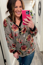 Load image into Gallery viewer, Gray Floral Long Sleeve Plus Size Henley Top