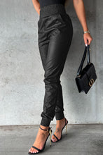 Load image into Gallery viewer, Black Smocked High-Waist Leather Joggers