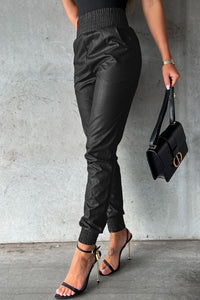 Black Smocked High-Waist Leather Joggers
