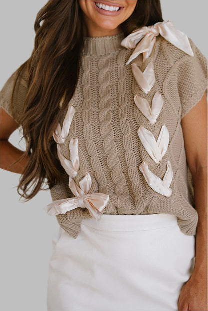 Stella Taupe Satin Bowknot Short Sleeve Sweater