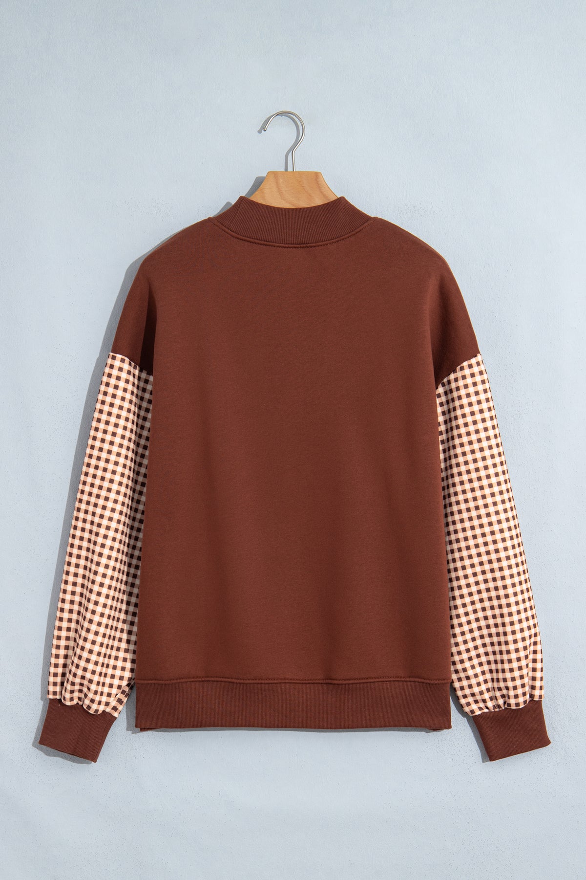 Russet Orange Plaid Sleeve Colorblock Loose Tunic Sweatshirt