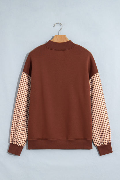 Russet Orange Plaid Sleeve Colorblock Loose Tunic Sweatshirt