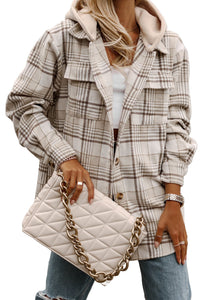 Khaki Plaid Removable Hooded Button Up Jacket