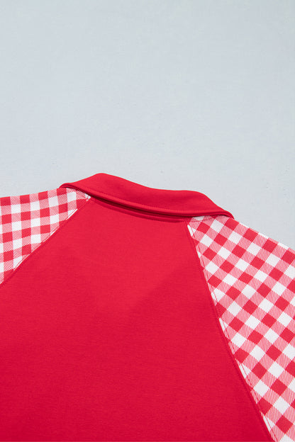 Racing Red Patchwork Plaid Pocket Quarter Zip Sweatshirt