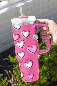 Rose Red Valentines Heart Printed Thermos Cup with Handle