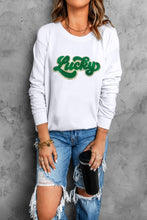 Load image into Gallery viewer, White Shiny Trim Chenille Lucky Letter Graphic Sweatshirt
