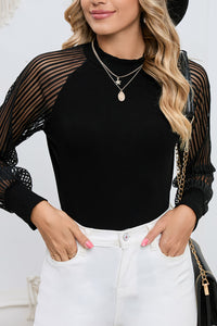 Ribbed Solid Color Striped Mesh Long Sleeve Top