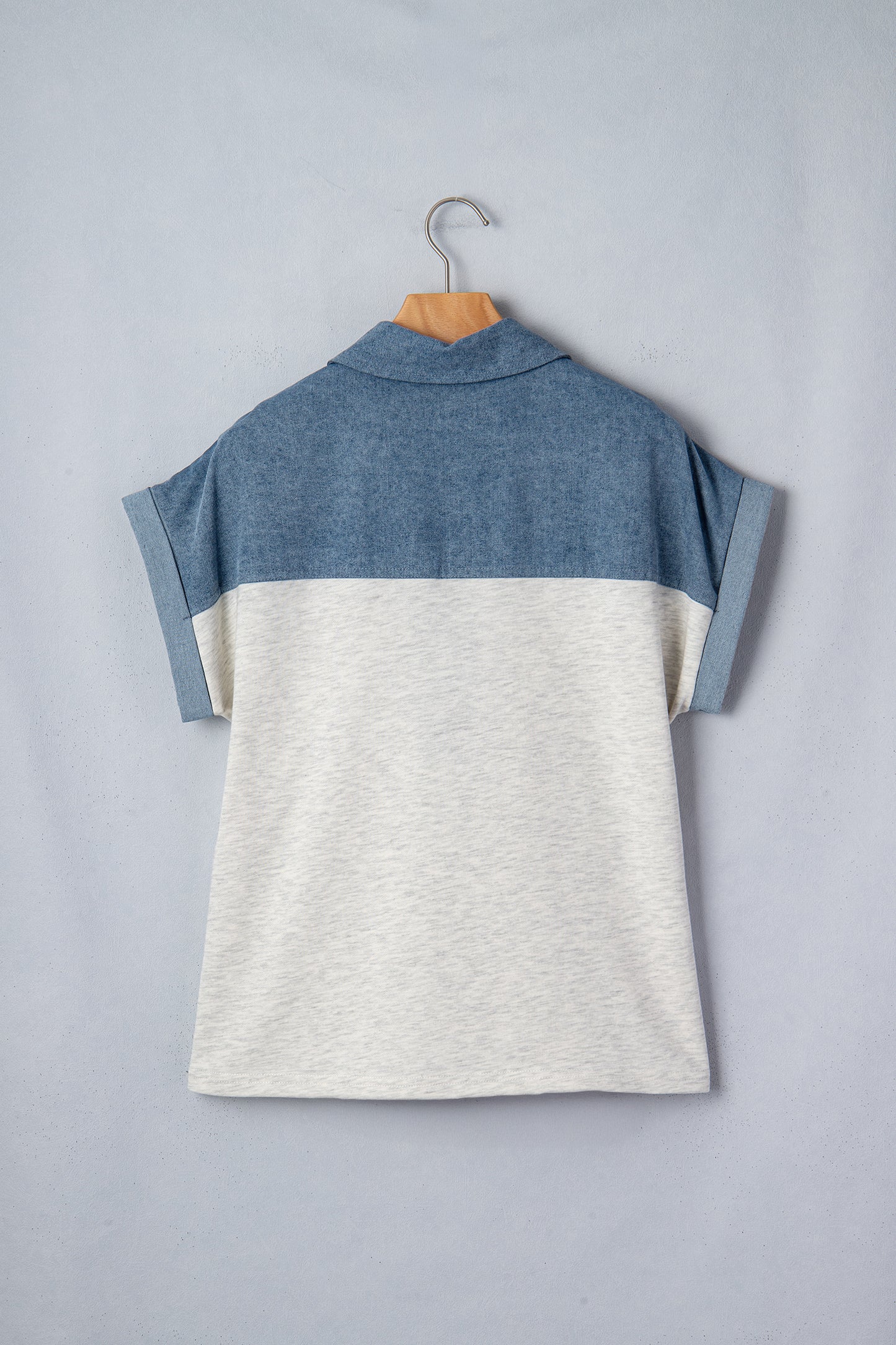 Grey Color Block Denim Short Sleeve Top