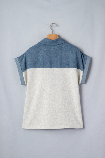 Grey Color Block Denim Short Sleeve Top