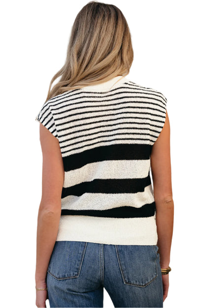 Black white Striped O Neck Sweater Vest