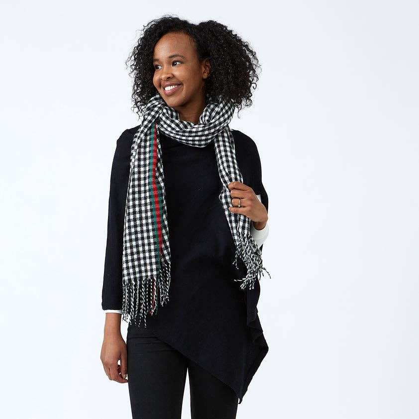 Black Petite Check Fringe Scarf