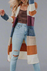 Multicolor Knitted Color Block Open Front Long Cardigan