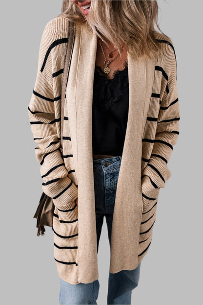 Black Stripe Shawl Neckline Open Cardigan with Pockets