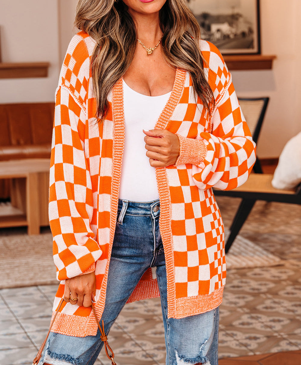 Orange Checkered Drop Shoulder Cardigan