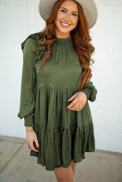 Moss Green Ruffled High Waist Long Sleeve Mini Dress