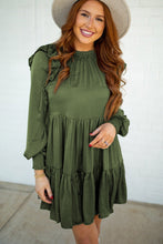 Load image into Gallery viewer, Moss Green Ruffled High Waist Long Sleeve Mini Dress