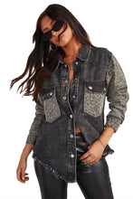 Load image into Gallery viewer, Black Leopard Patch Pocket Vintage Raw Hem Denim Jacket