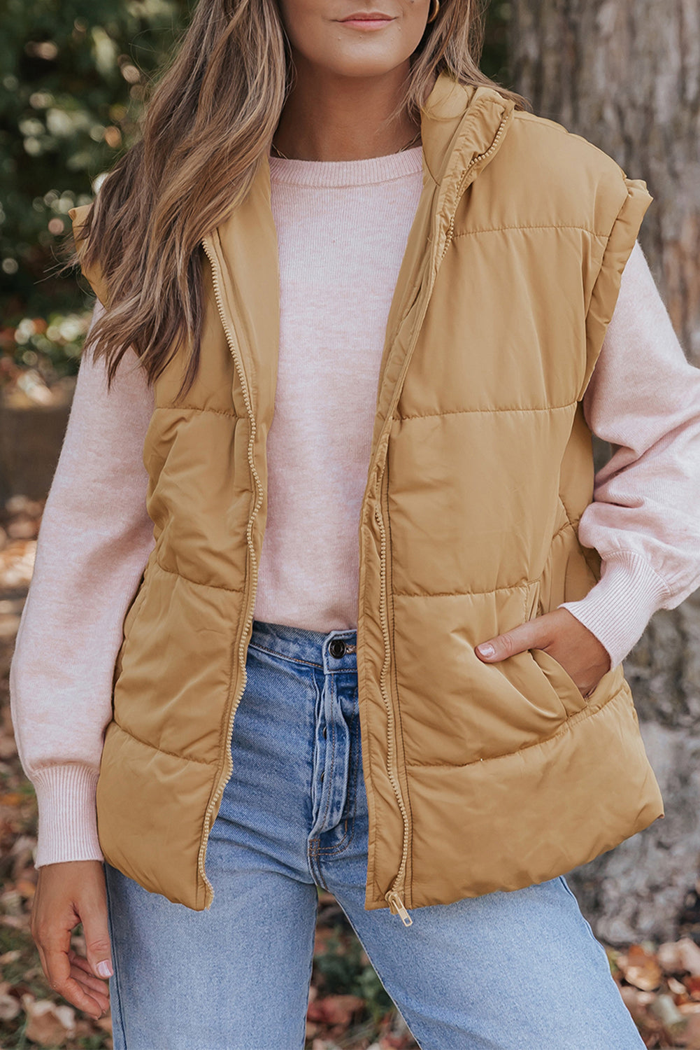 Khaki Oversized Cozy High Collar Layering Vest