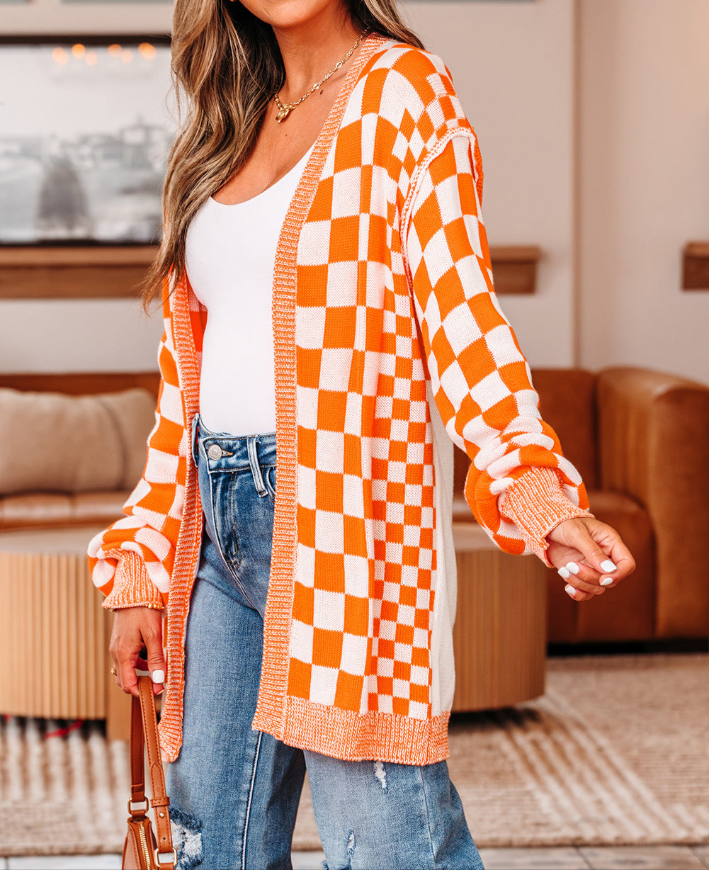 Orange Checkered Drop Shoulder Cardigan