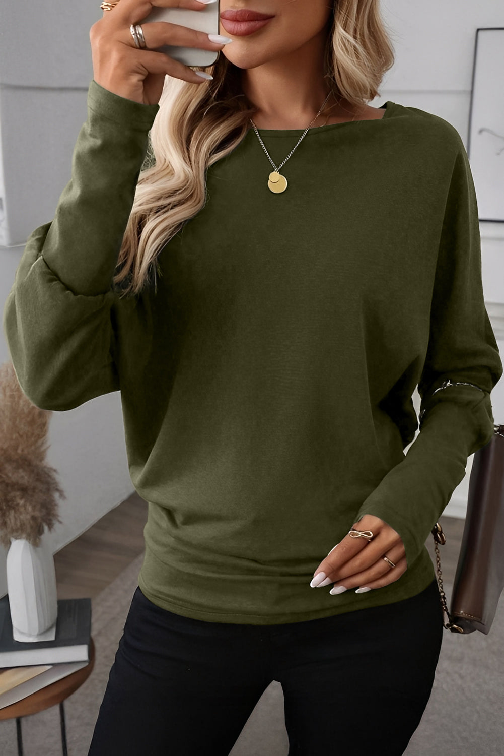 Solid Color Extended Cuffs Long Sleeve Top