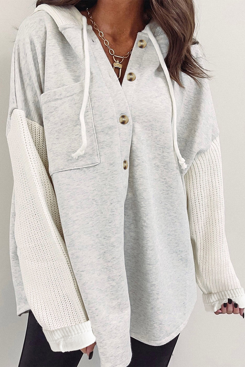 Button Up Contrast Knitted Sleeves Hooded Jacket