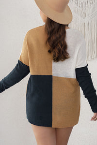 Blue Color Block Side Slit Plus Size Sweater