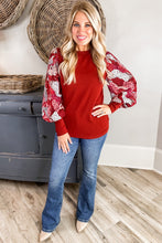 Load image into Gallery viewer, Fiery Red Contrast Mixed Animal Print Lantern Sleeve Patchwork Top