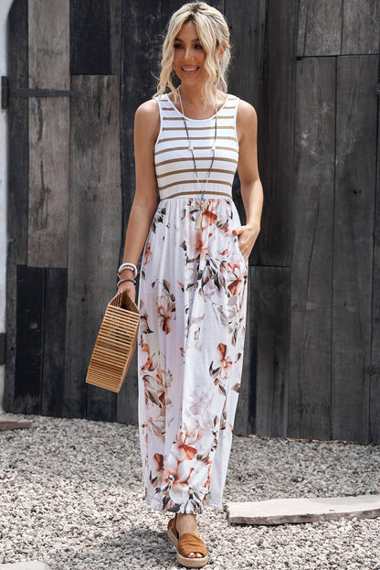 Ashley-Boho Stripes & Floral Print Floor Length Maxi