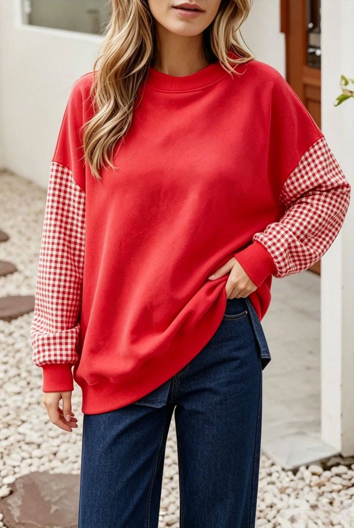 Plaid Color Block Oversized Sweatshirt Casual Fall Pullover