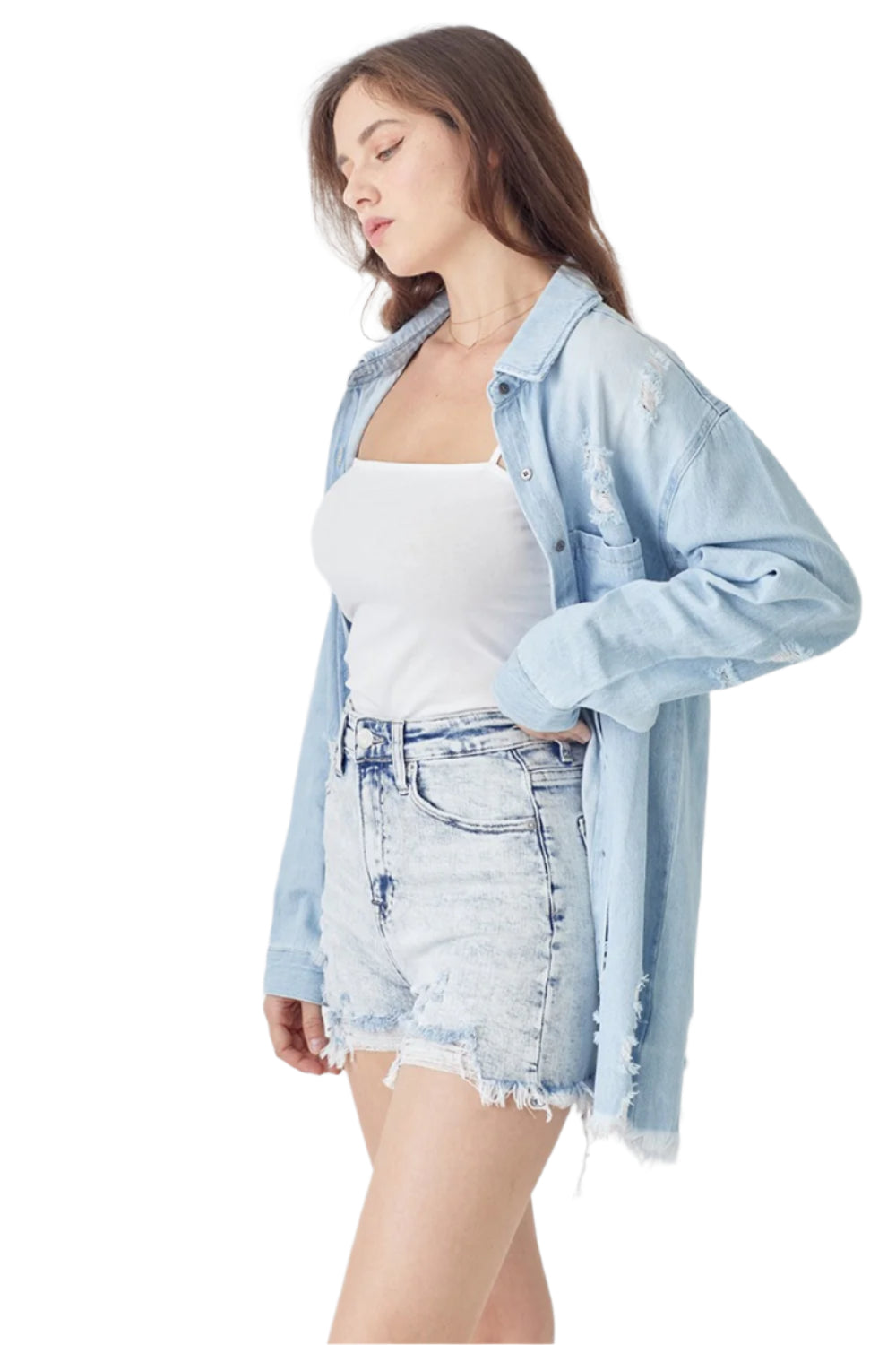 RISEN Raw Hem Distressed High Rise Denim Shorts
