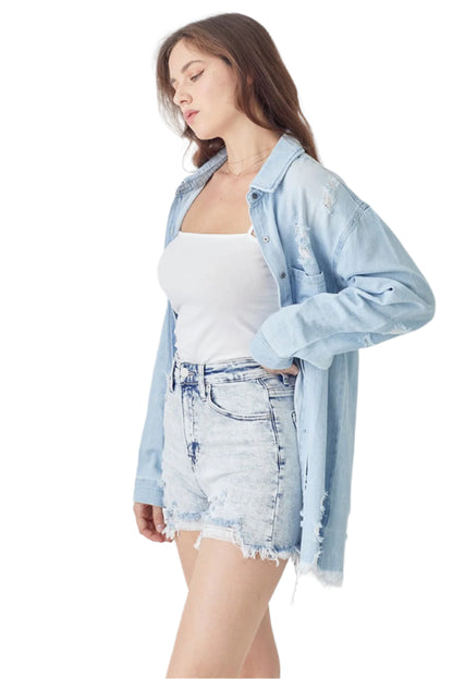 RISEN Raw Hem Distressed High Rise Denim Shorts