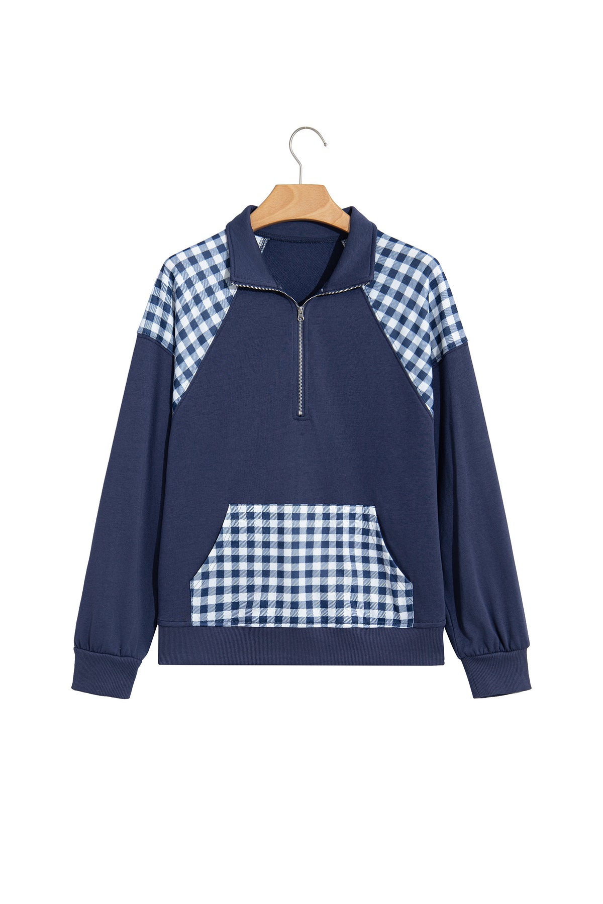 Racing Red Patchwork Plaid Pocket Quarter Zip Sweatshirt